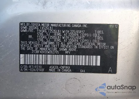 2012 Toyota Rav4 z USA, uszkodzony, nr VIN 2T3BF4DV2CW262705